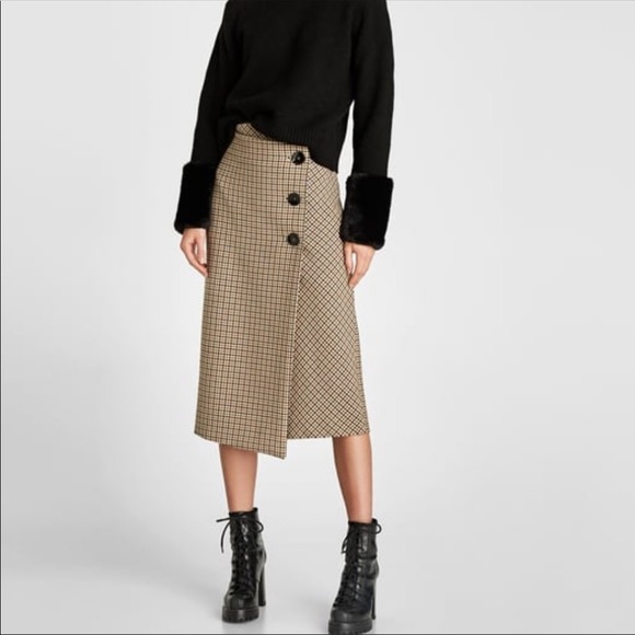 Nwt Zara Checked Wrap Midi Skirt Size M - Picture 4 of 8